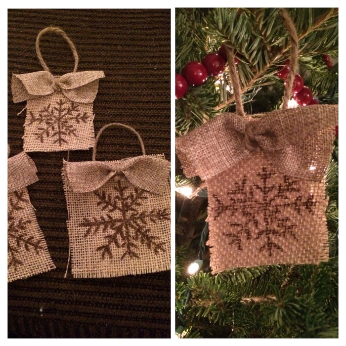 burlap ornament side by side