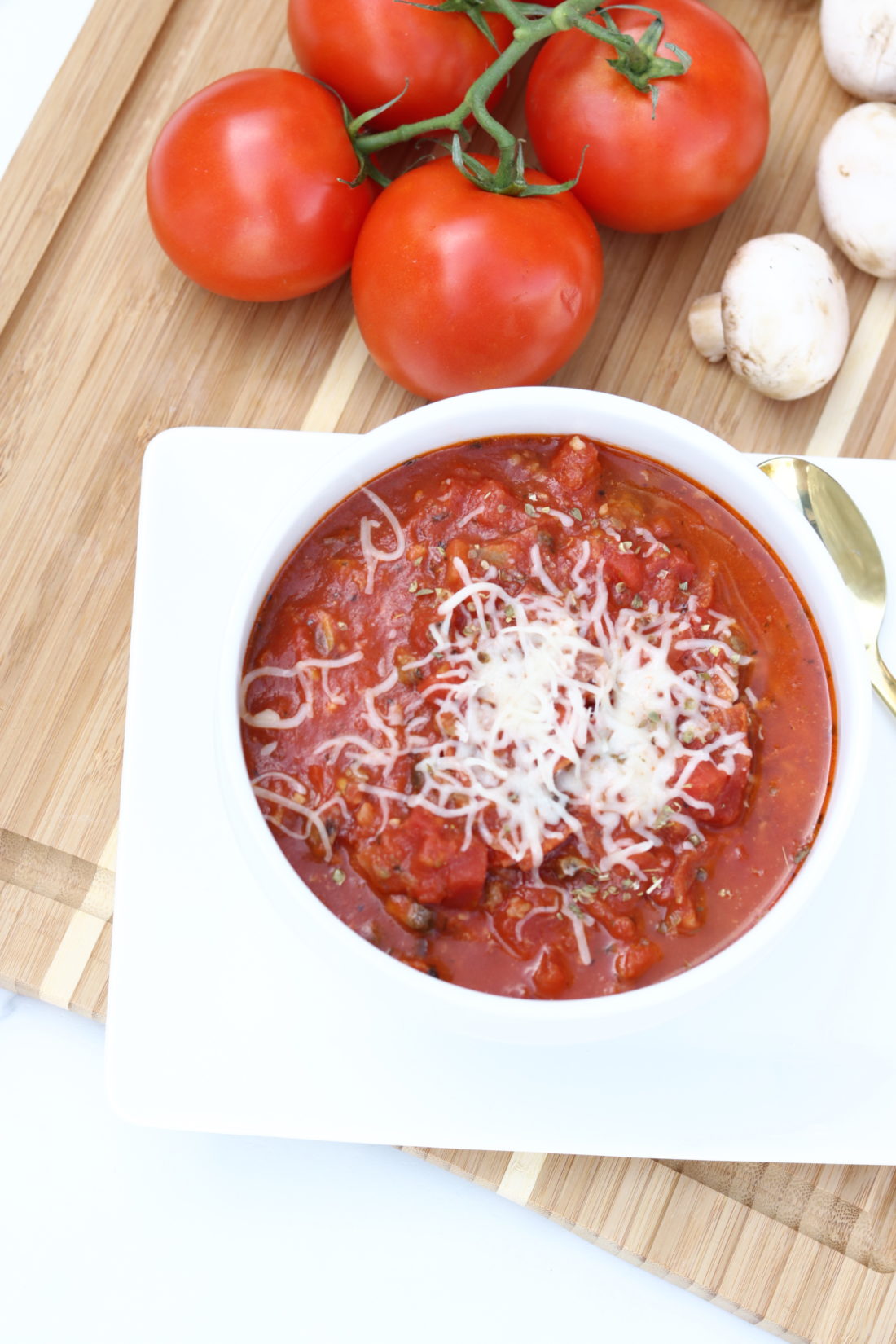 Low carb Keto friendly Pizza Soup.