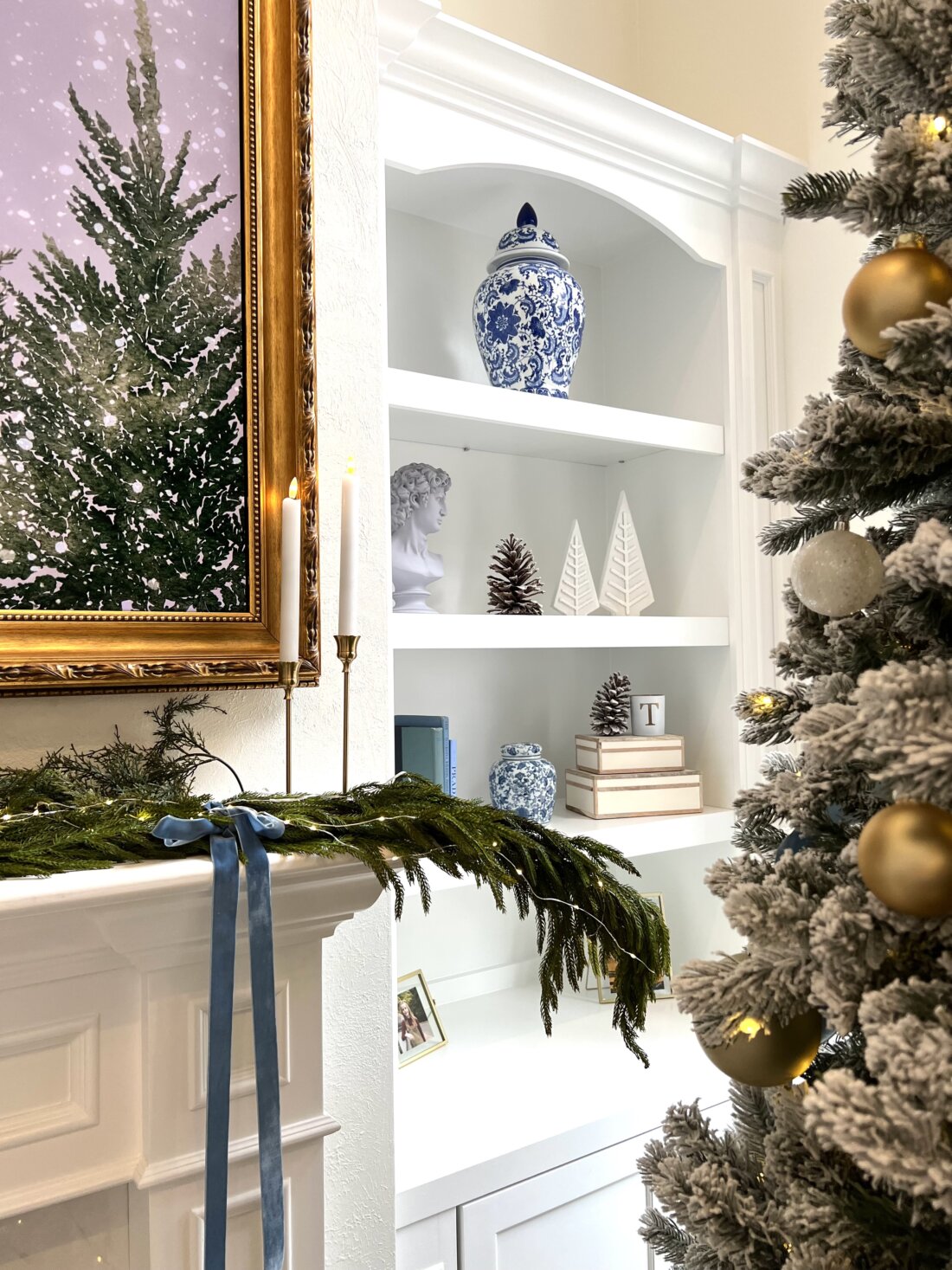 Blue and White Christmas Living Room